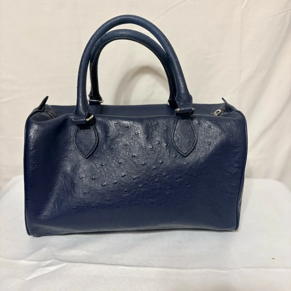 Brooks Brothers navy blue barrel bag satchel made of embossed pebbled leather